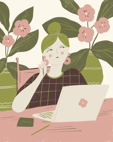 Illustration animée d'une femme qui réfléchit devant son ordinateur